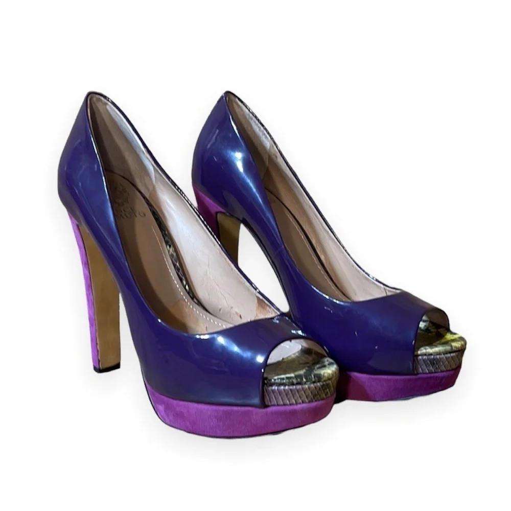Vince Camuto Graph Peep-Top Platform Purple Python‎ Peep Toe Heels